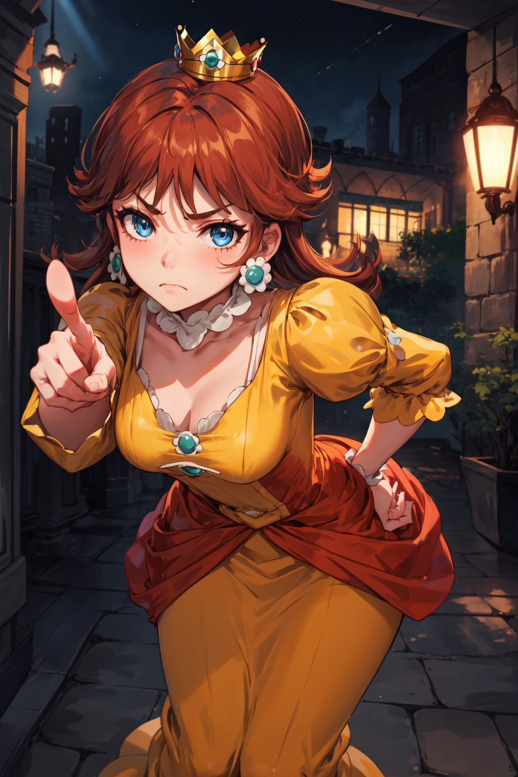 masterpiece,best quality,1girl,princess daisy,orange hair,yellow dress,long dress,blue eyes,crown,light frown,leaning forw...